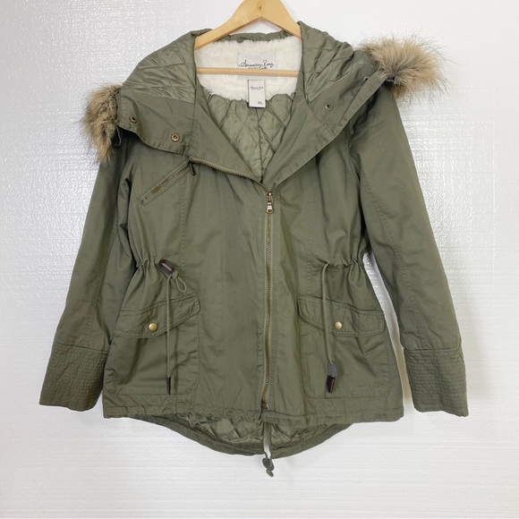 American Rag Utility Jacket Coat Green Zip Up Hooded Insulated Faux Fur Hood XL - Picture 2 of 11